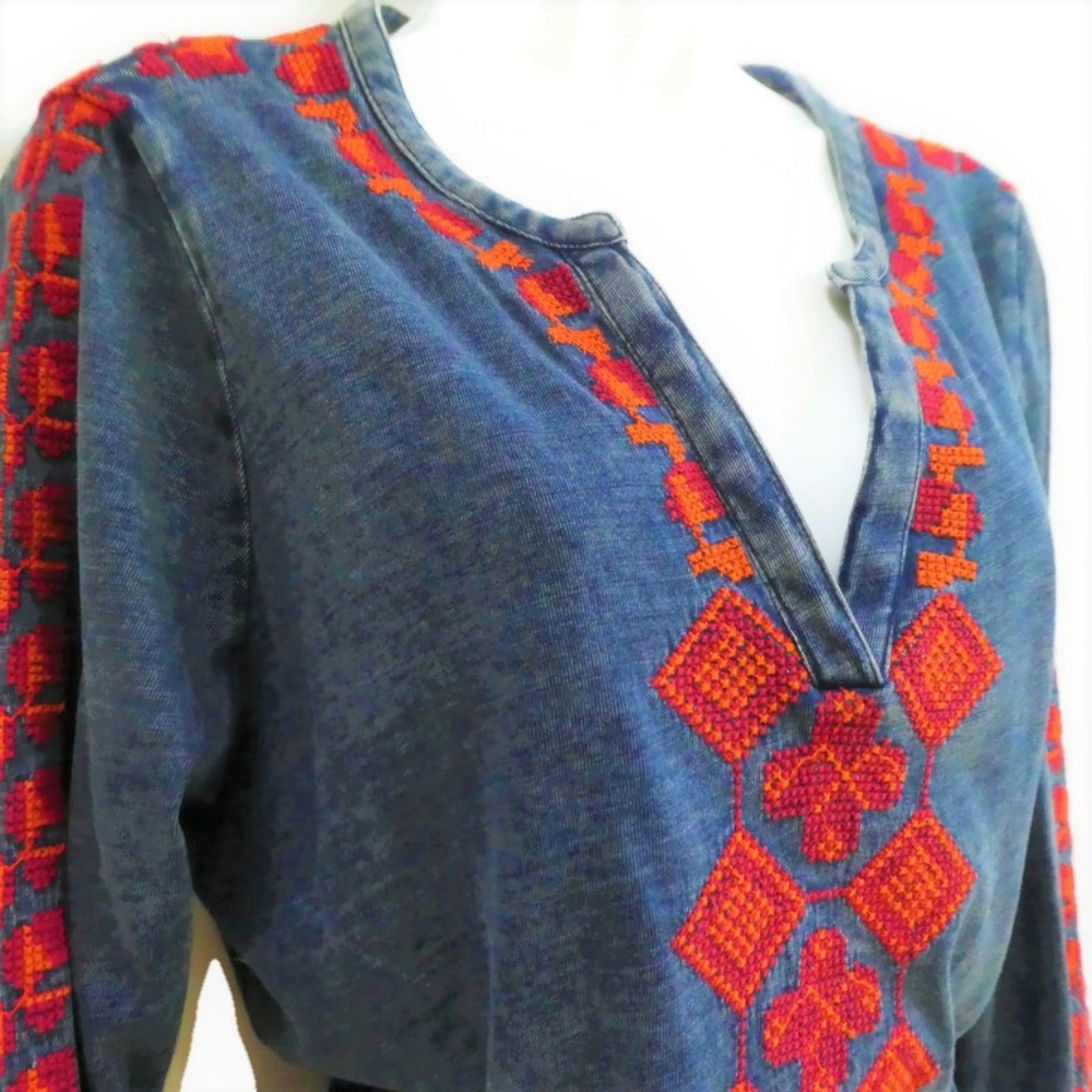 Lucky Brand Dress Blue Indigo Red Embroidered Lounge M - Picture 4 of 6